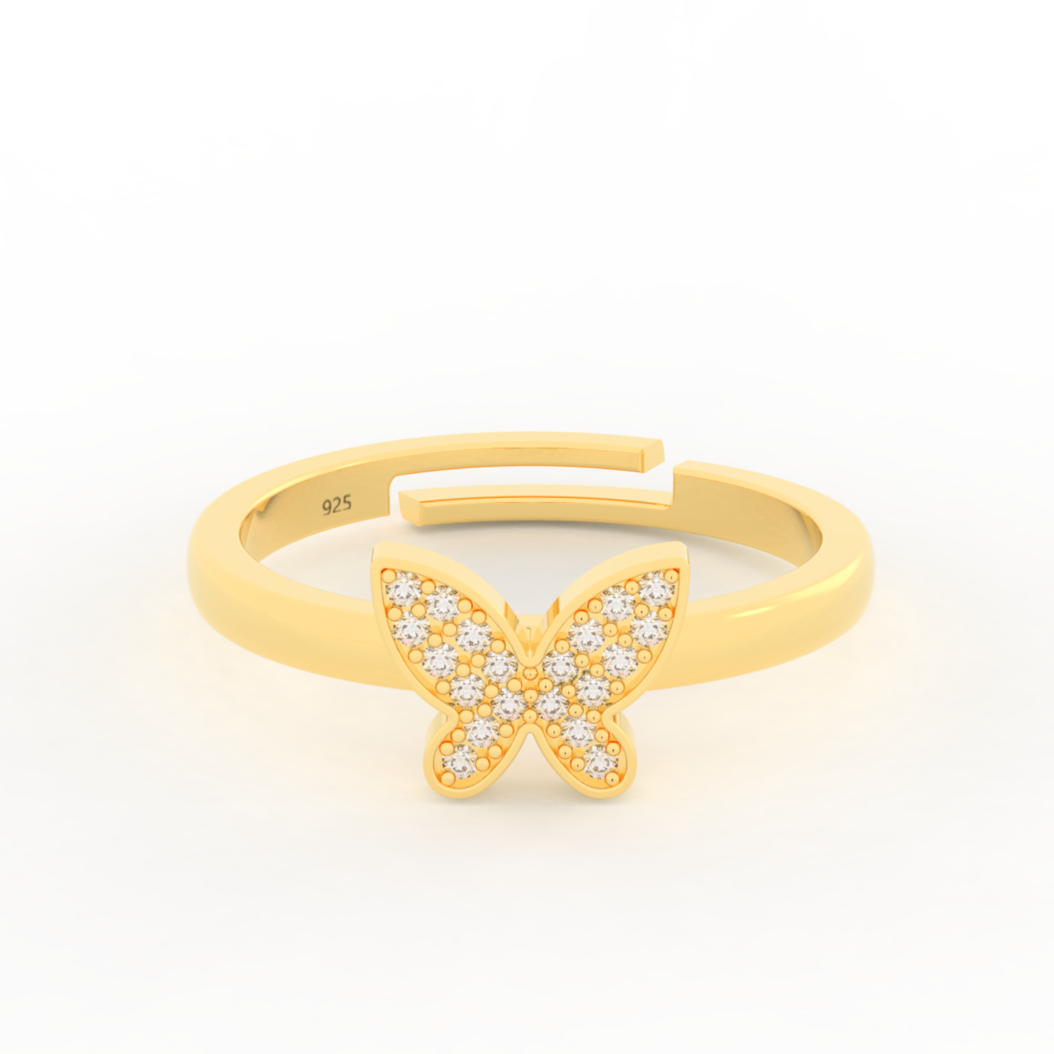 Shimmery Butterfly Cute Ring- Hallmarked 925 Sterling Silver Yellow Gold